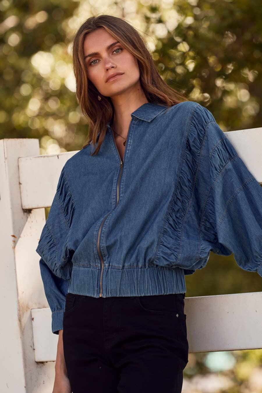 Curvy Ruched Denim Zip-up Jacket