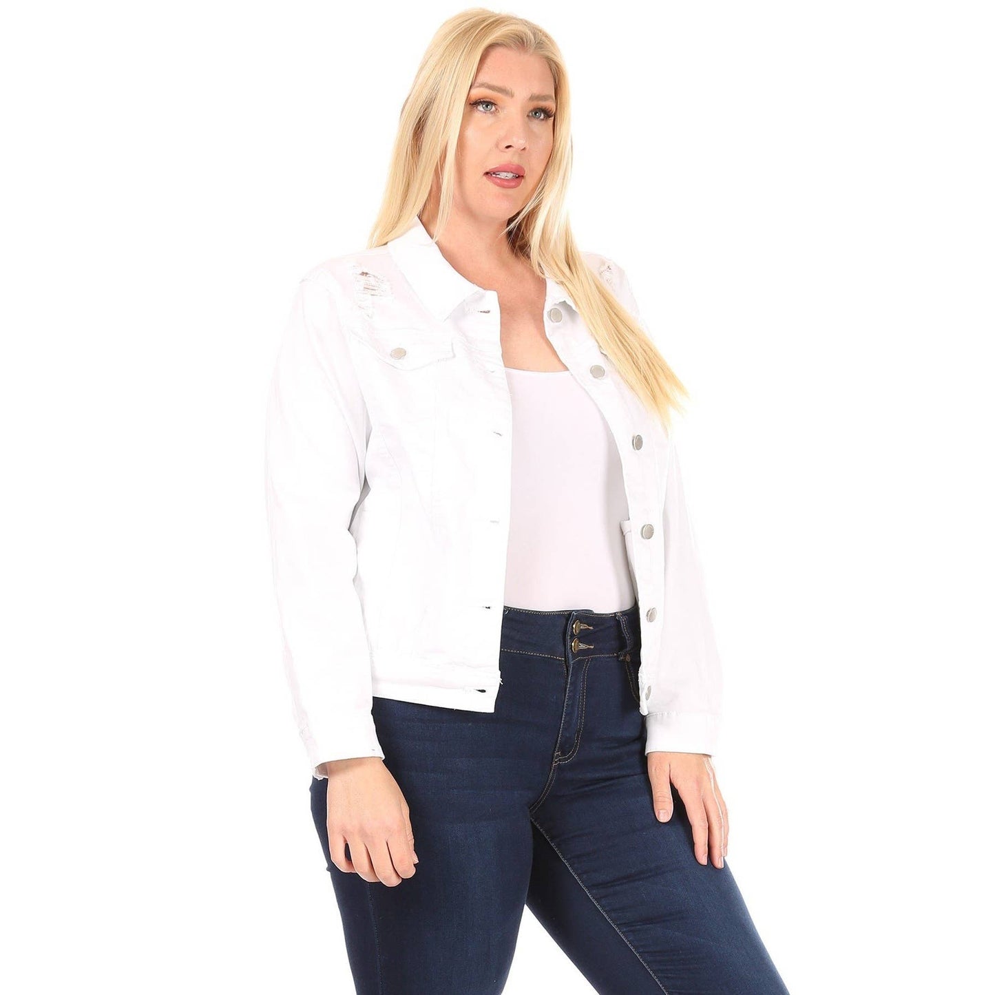 Curvy White Distressed Denim Jacket