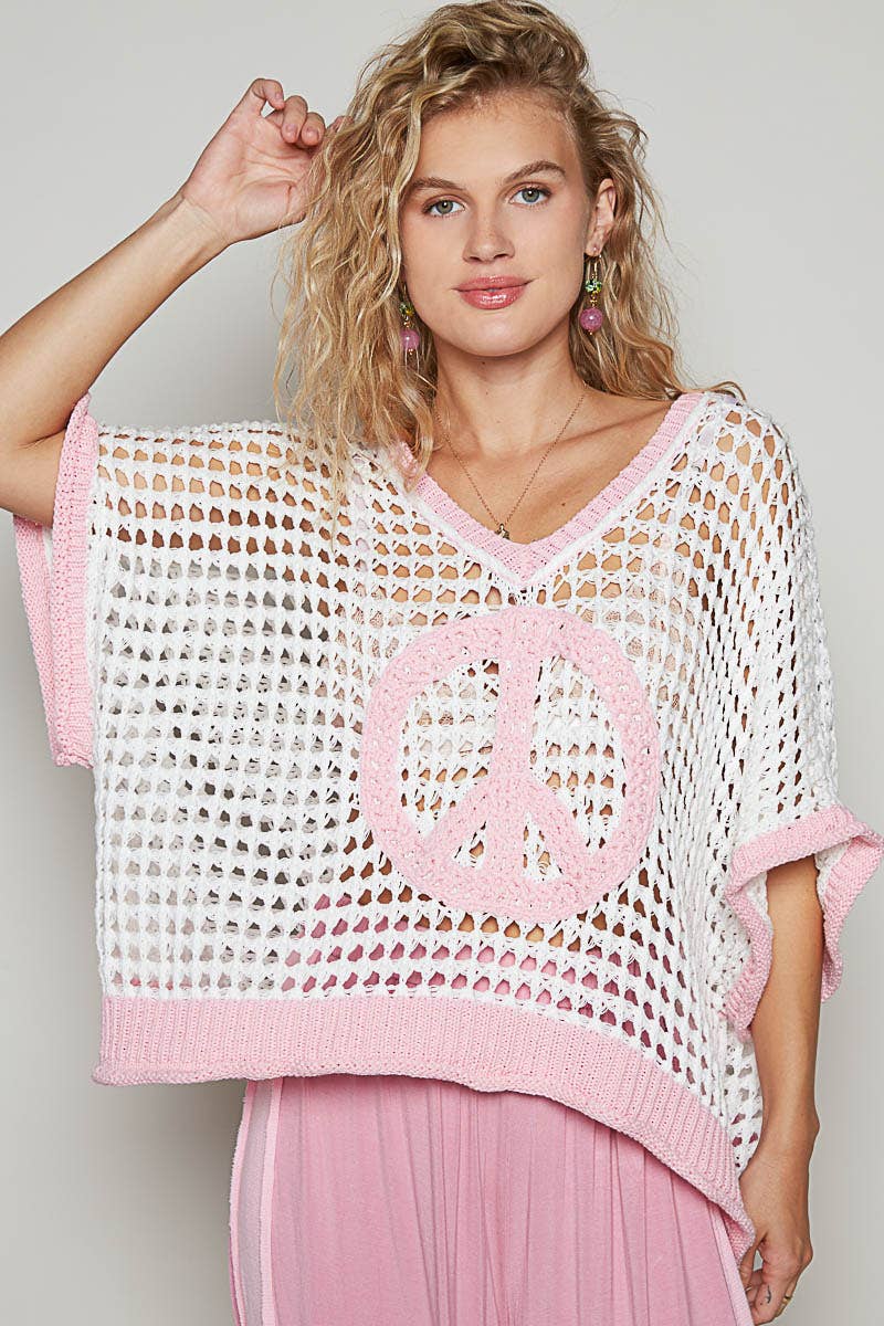 Pol Clothing - Oversize V-neck short sleeve peace sign sweater