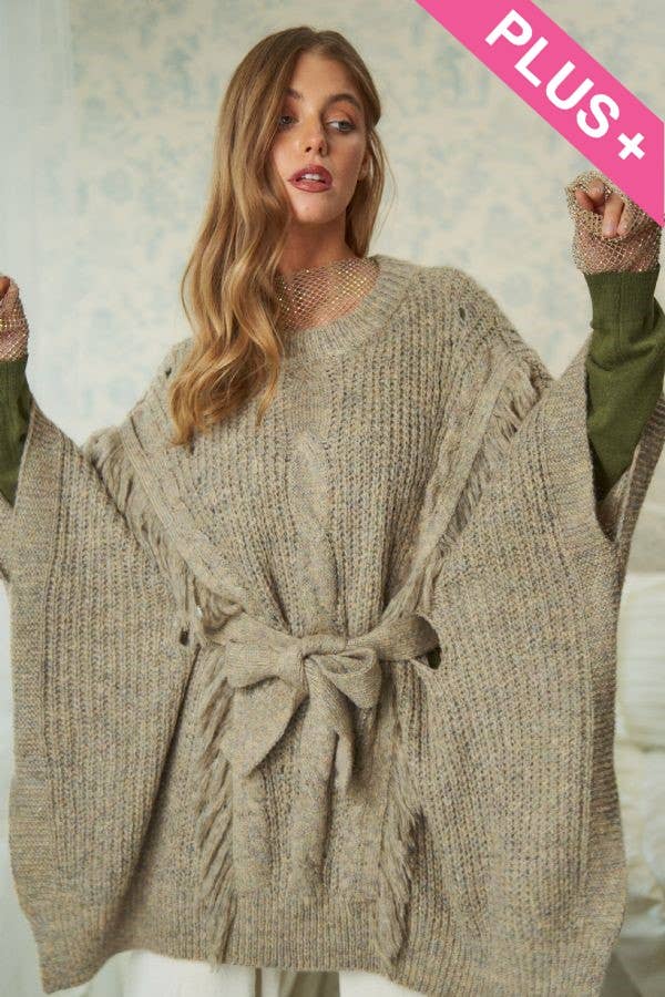 CURVY FRINGED TIE BELT FUZZY PONCHO PULLOVER TOP