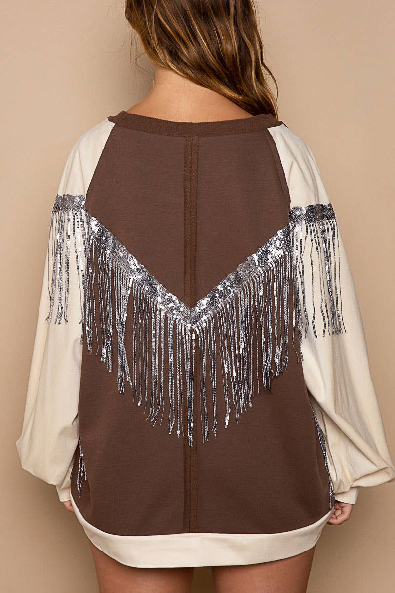 French Terry LOVE Letter Sequin Tassel Top