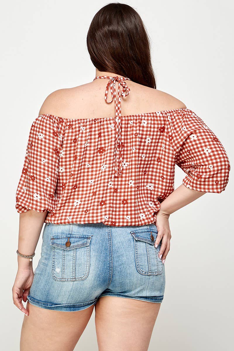 Black -The Curvy Checkered Off The Shoulder Top -