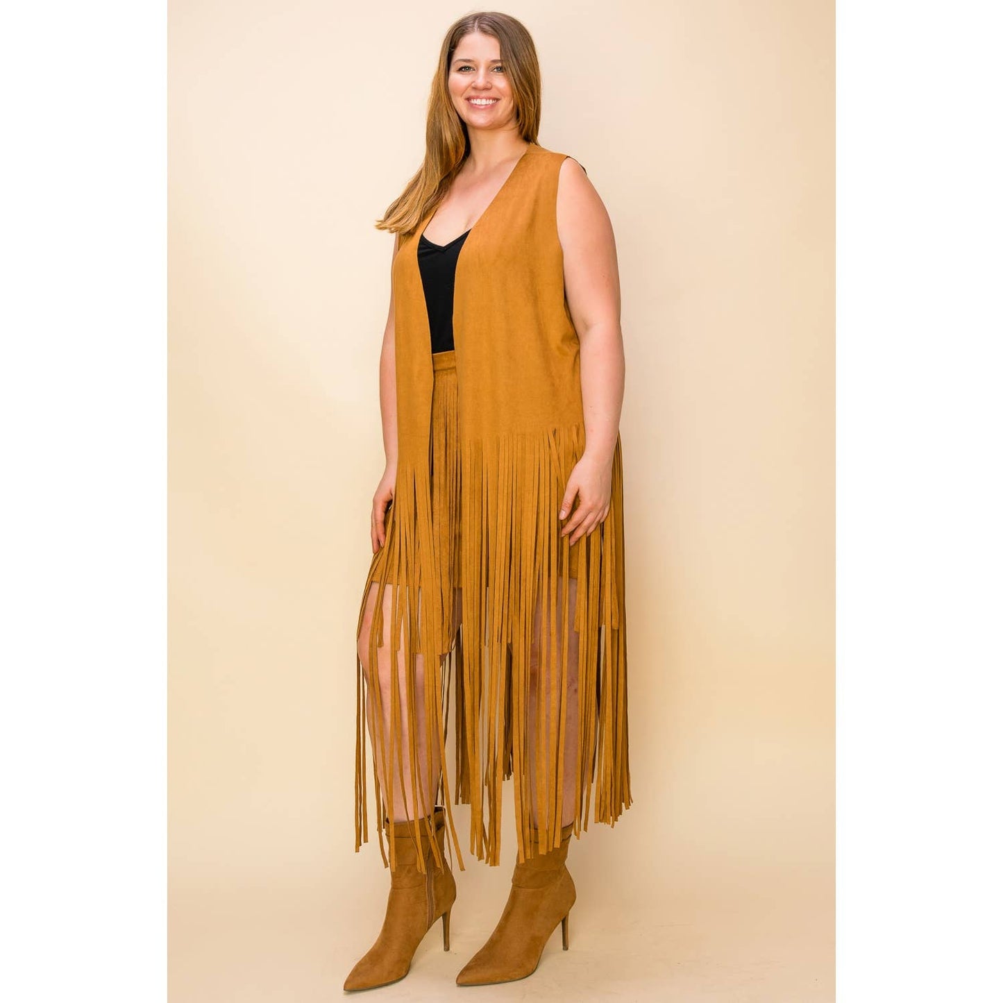 VOCAL - CAMEL SUEDE COWGIRL LONG FRINGE SLEEVELESS CARDIGAN