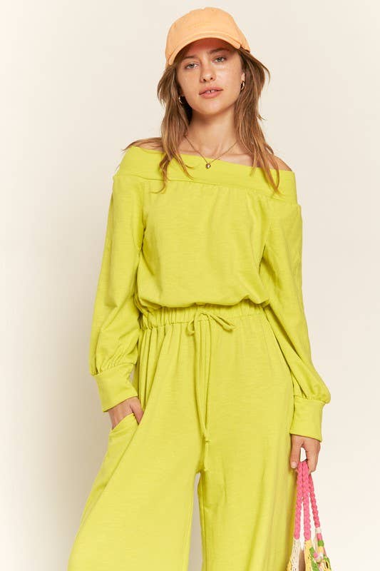 Curvy Line Off Shoulder Terry Knit Jumpsuit