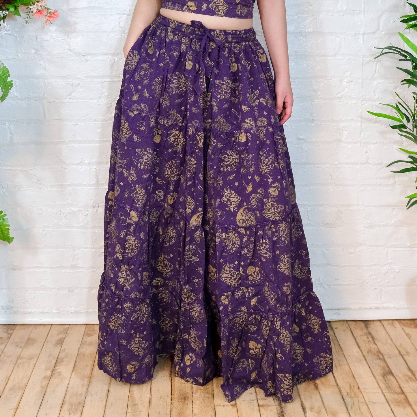 Purple Flowy Tiered Mushroom Boho Skirt with Pockets