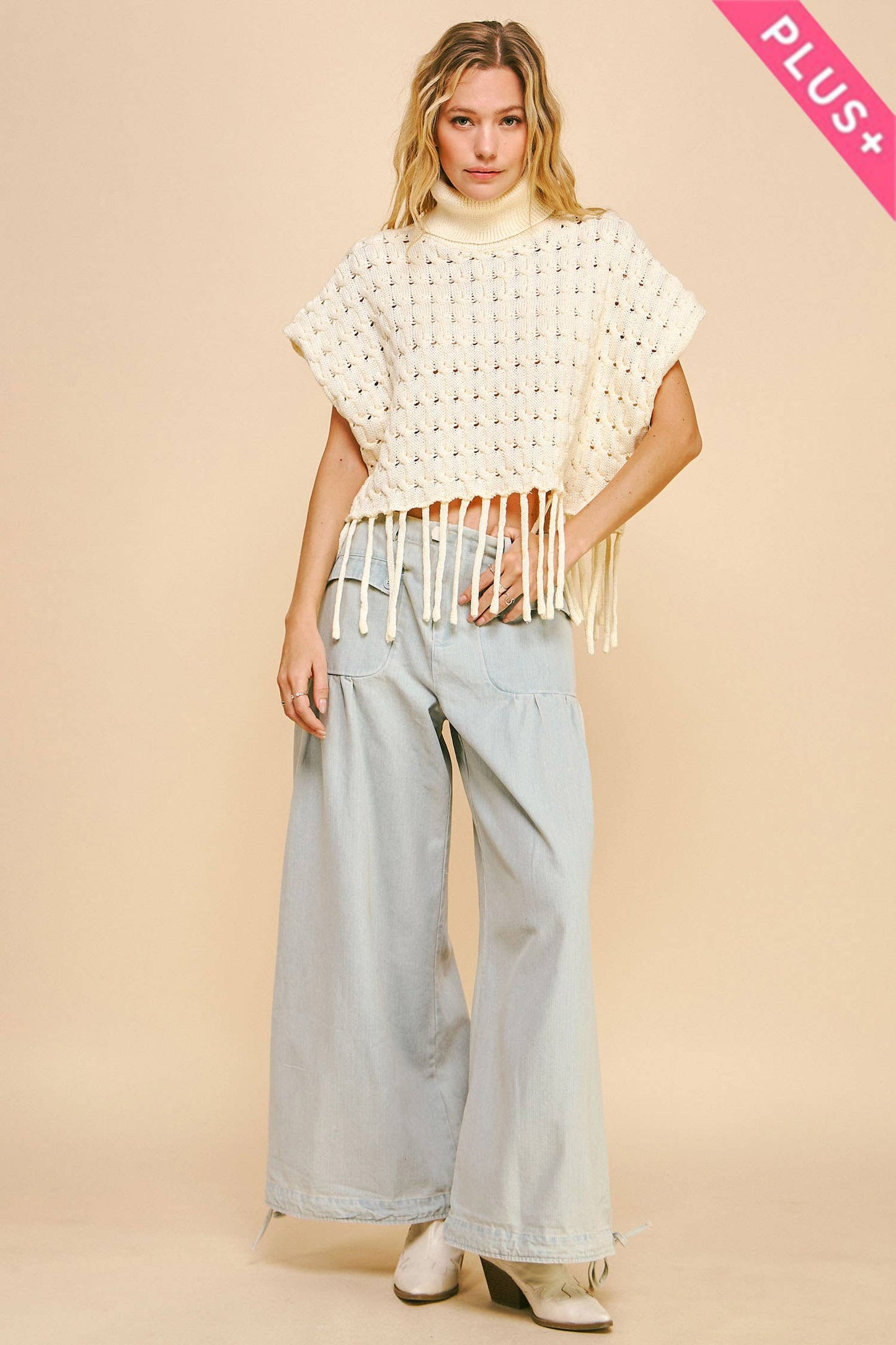 Cream Fringed Hem Turtleneck Sweater by Davi & Dani