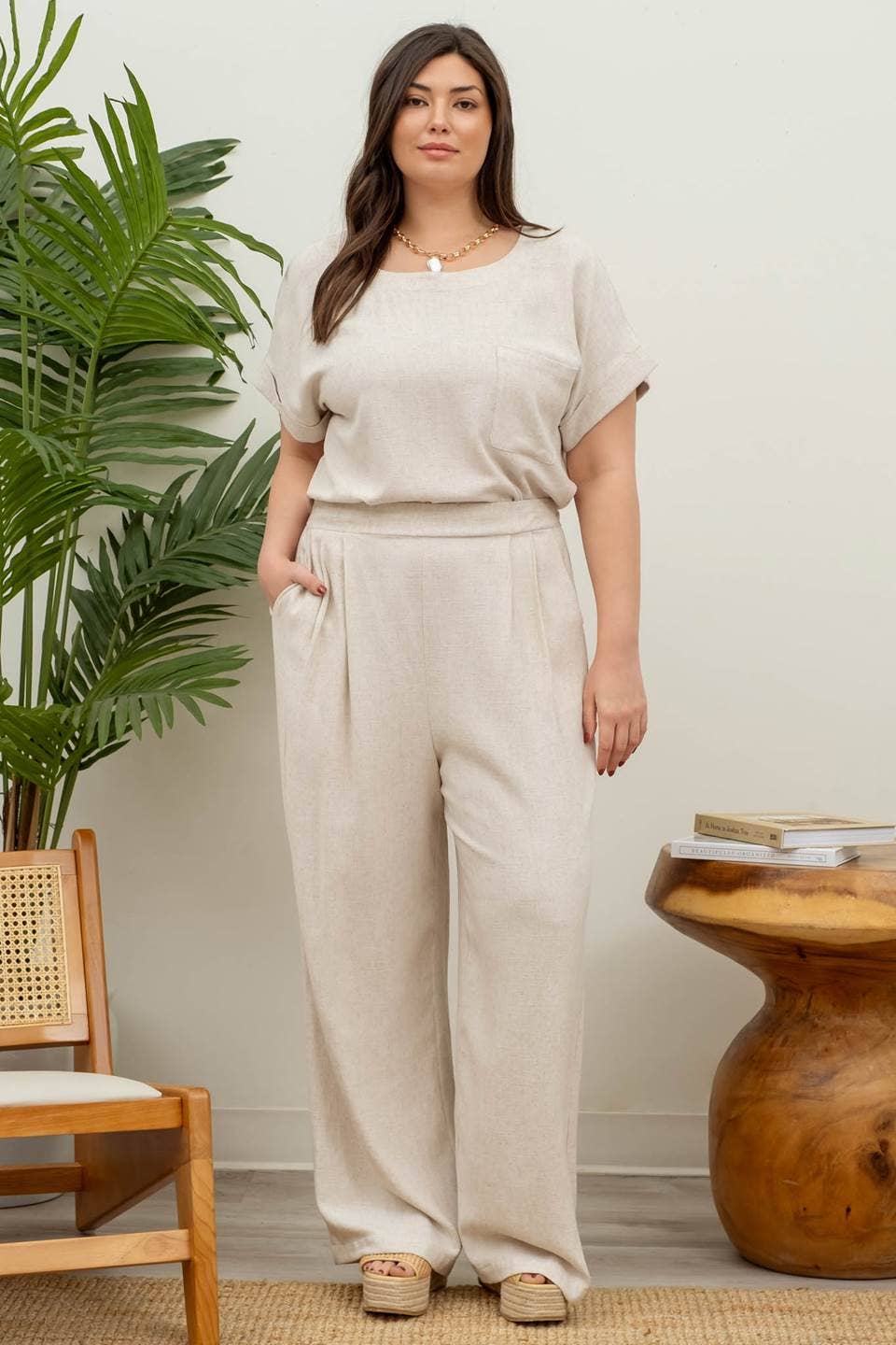 Blu Pepper - 2pc Set Linen Top & High Waist Wide Leg Pants