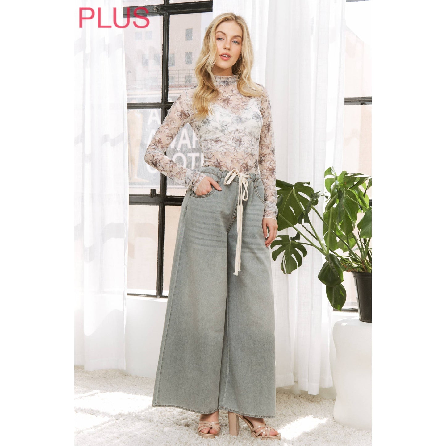 Sweet Generis - DENIM WIDE LEG OPENING PANTS WITH DRAWSTRING