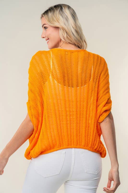 WB- Orange Half Sleeve Solid Knit Sweater Top