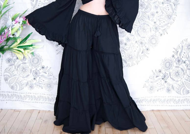 Black Flowy Boho Tiered Pant with Pockets
