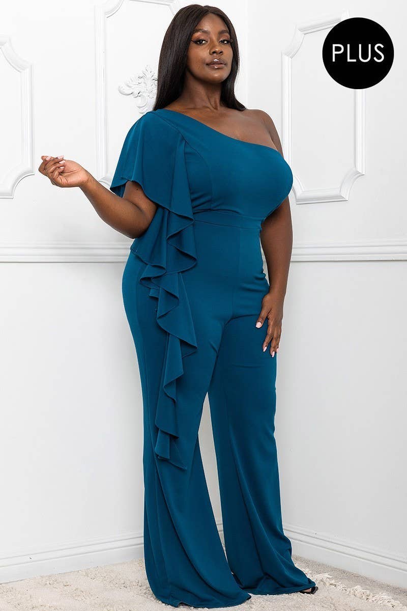 TEAL RUFFLE SIDE ONE SHOULDER PLUS SIZE JUMPSUIT