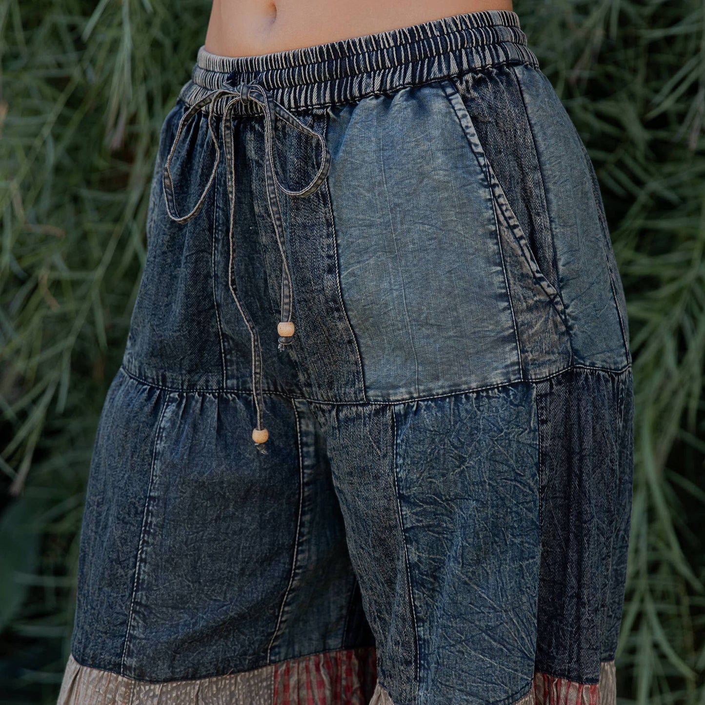 Boho Tiered Patch Inserted Denim Lace & Knit Pants