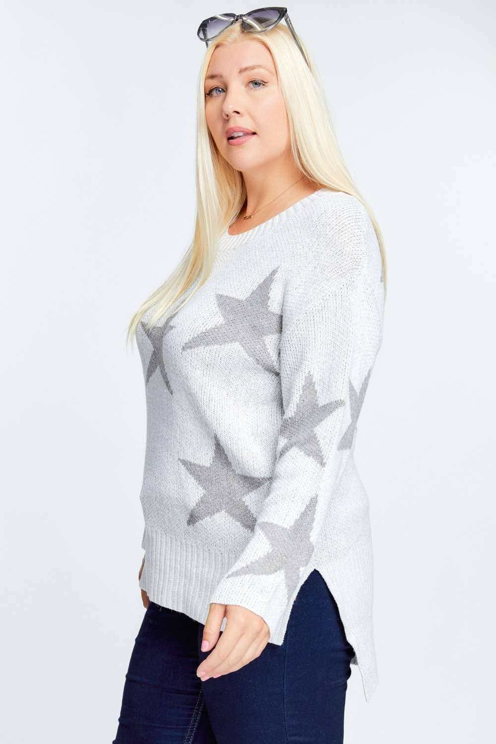 STAR PRINT LONG SLEEVE ROUND NECK SWEATER