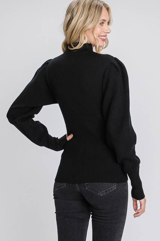 Black Mock Neck Solid Sweater by GeeGee
