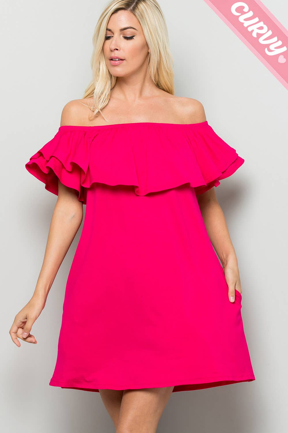 Sweet Lovely by Jen - FUSCHIA CURVY OFF SHOULDER JERSEY DRESS