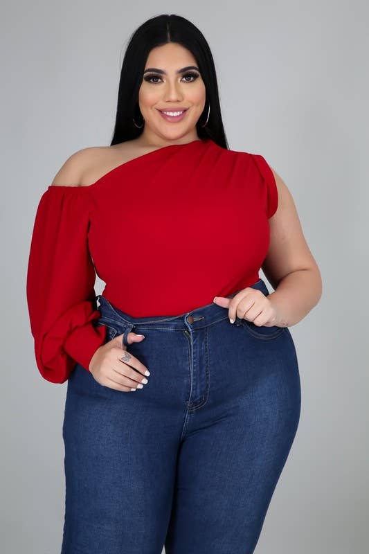 Black Pearl Clothing -Curvy ONE SHOULDER PUFF SLEEVE TOP
