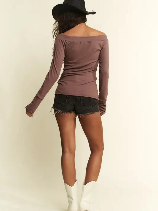 Brown- Curvy Solid Ribbed Off Shoulder Top