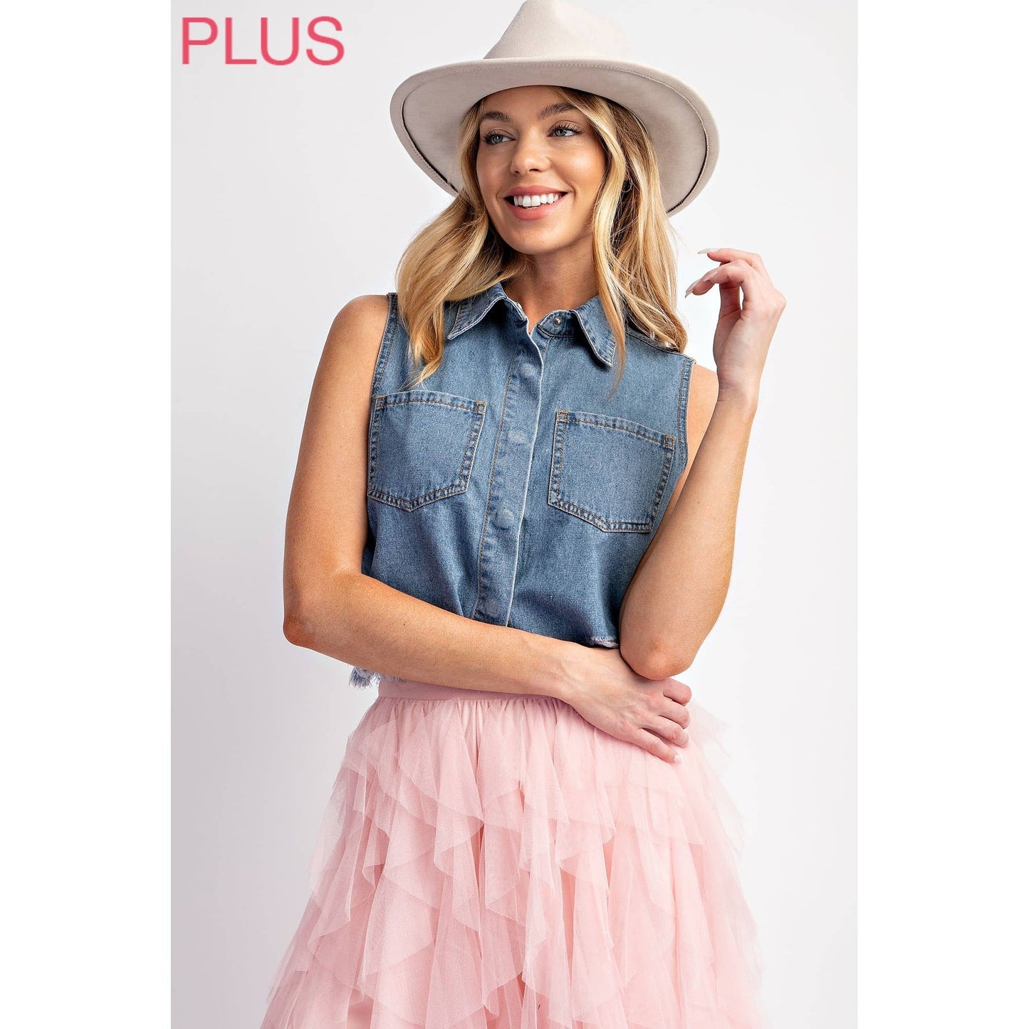 Sweet Generis - CURVY MEDIUM DENIM WASHED CROP VEST