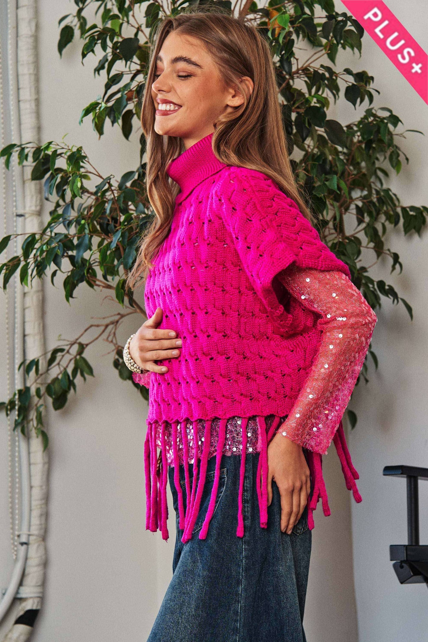 Viva Magenta Fringed Hem Turtleneck Sweater by Davi & Dani