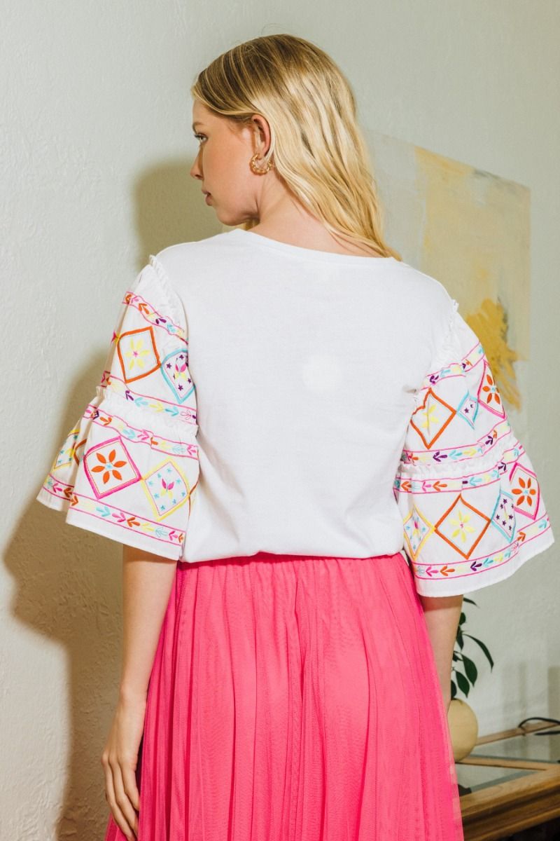 Off White Embroidered Tiered Ruffle Sleeve Top