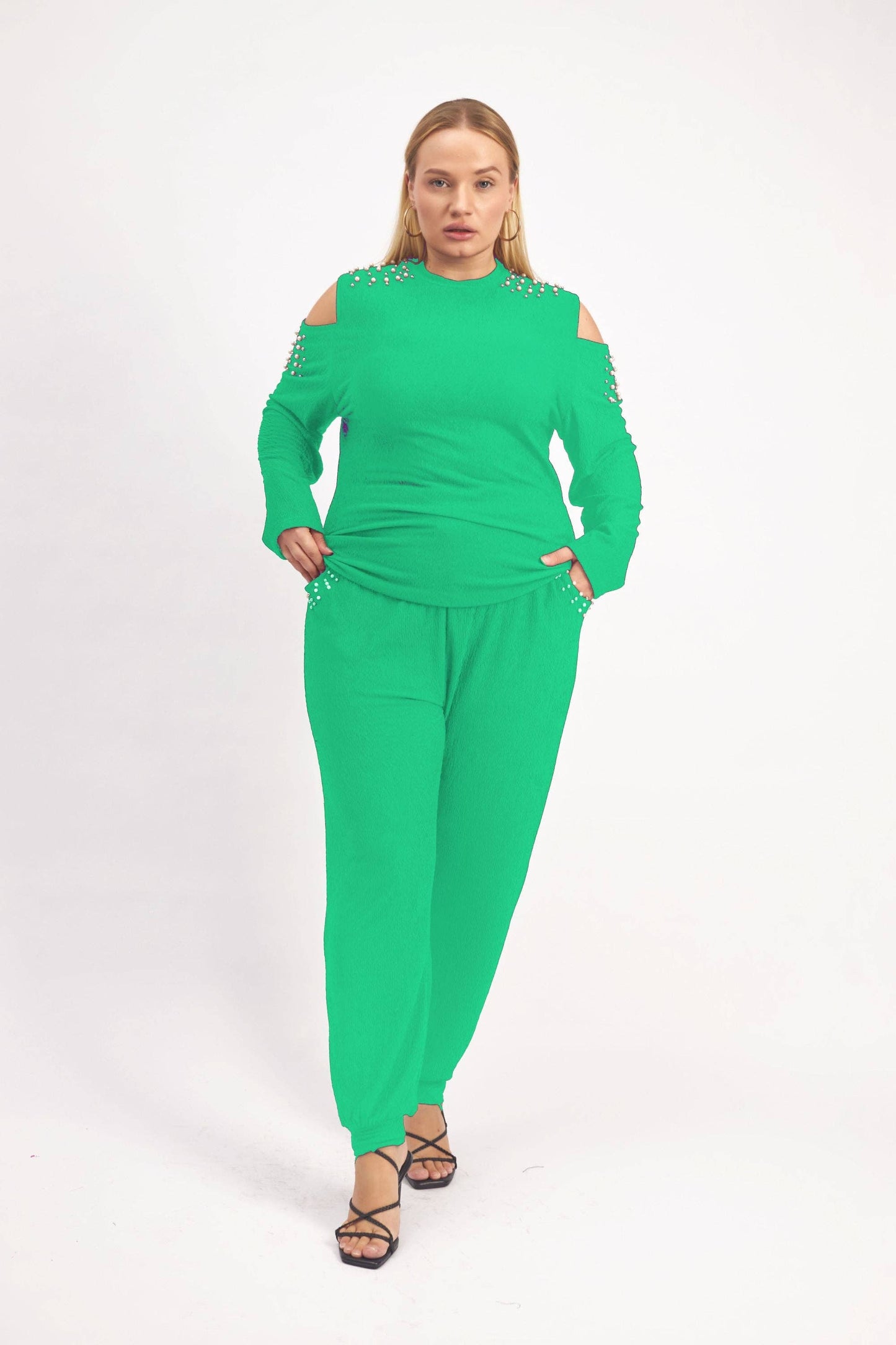The Curvy Green Cold Shoulder Pearl Embellished Set