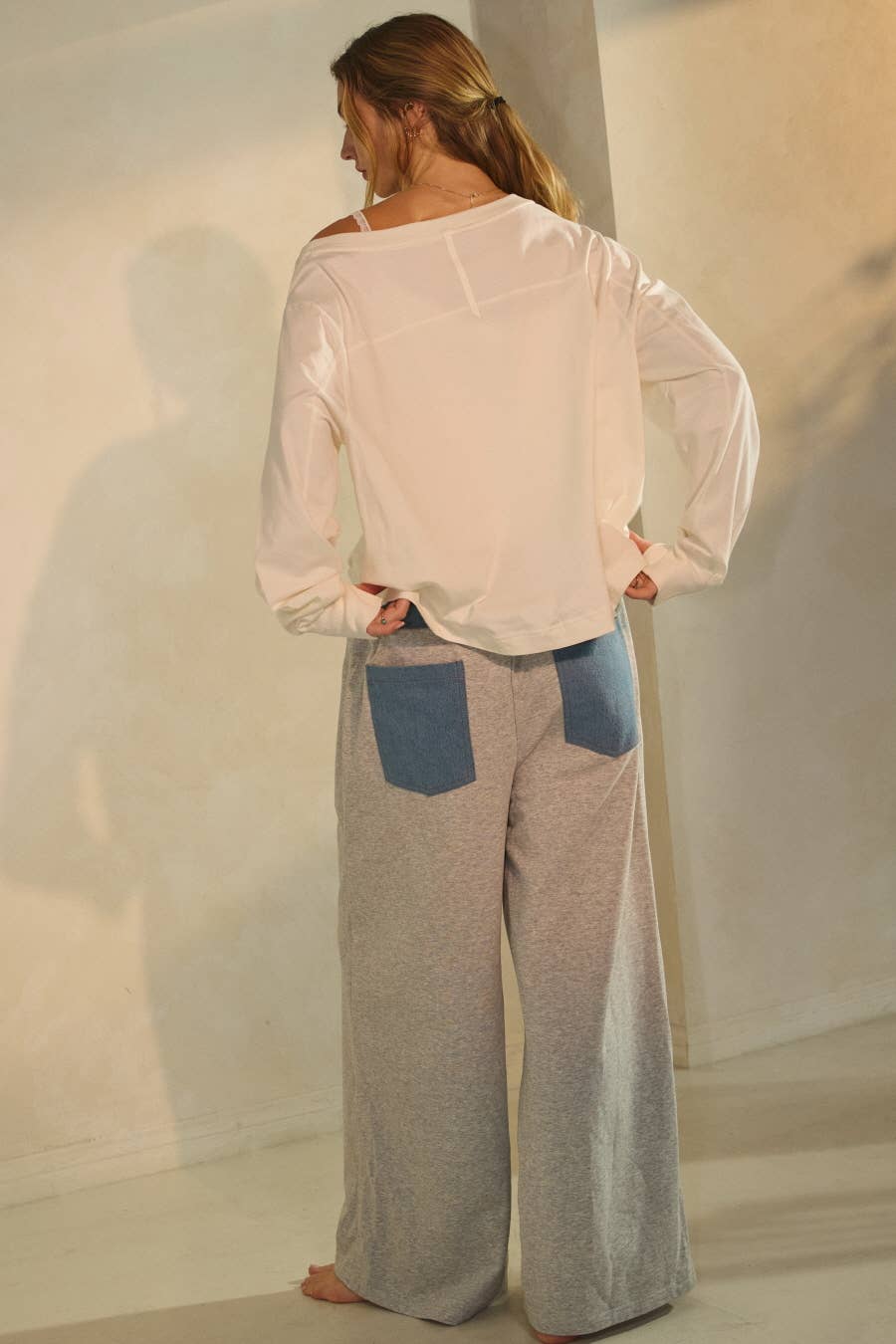 Oddi - Contrasting Denim Trim Wide-leg Pants