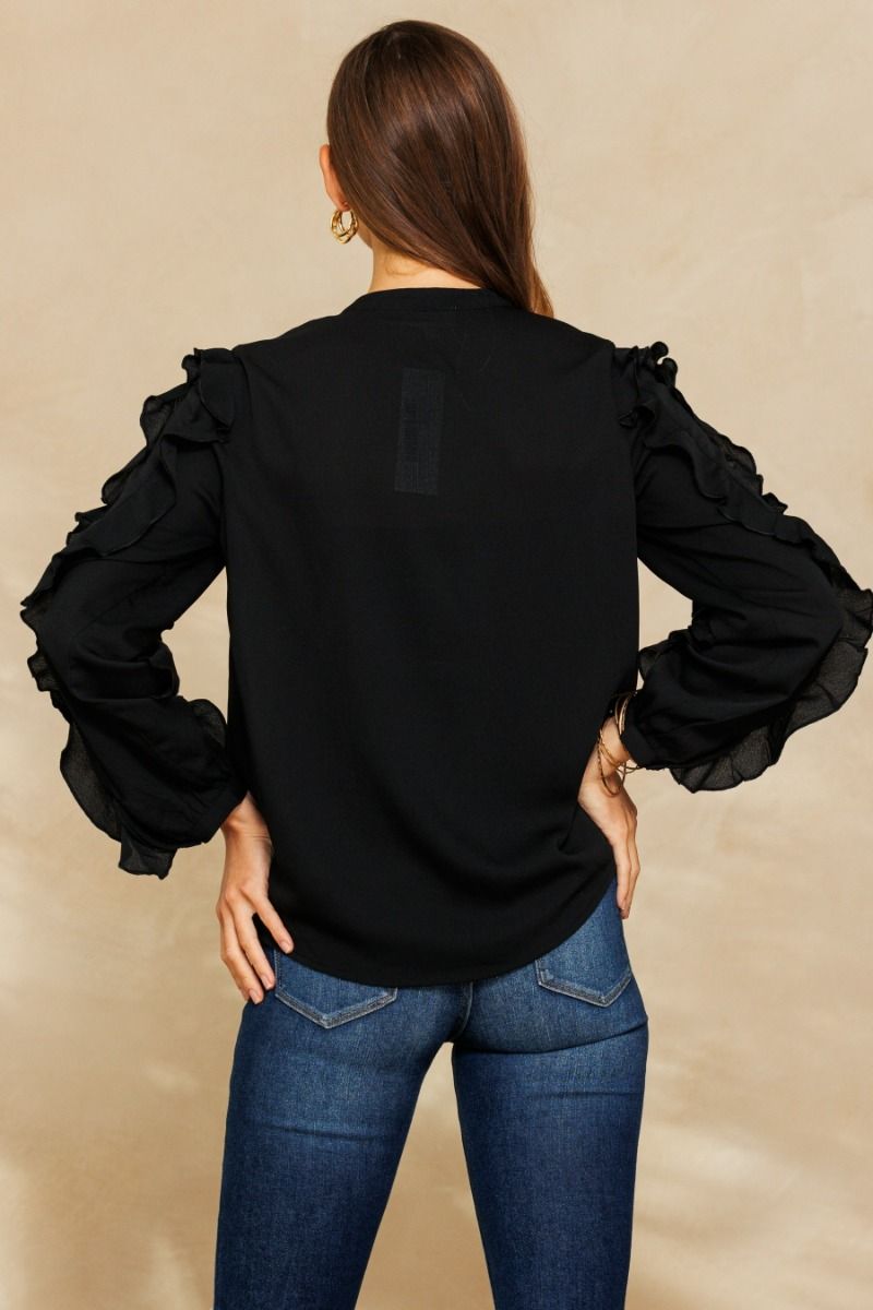 Black Ruffled Flowy Round Neck Blouse