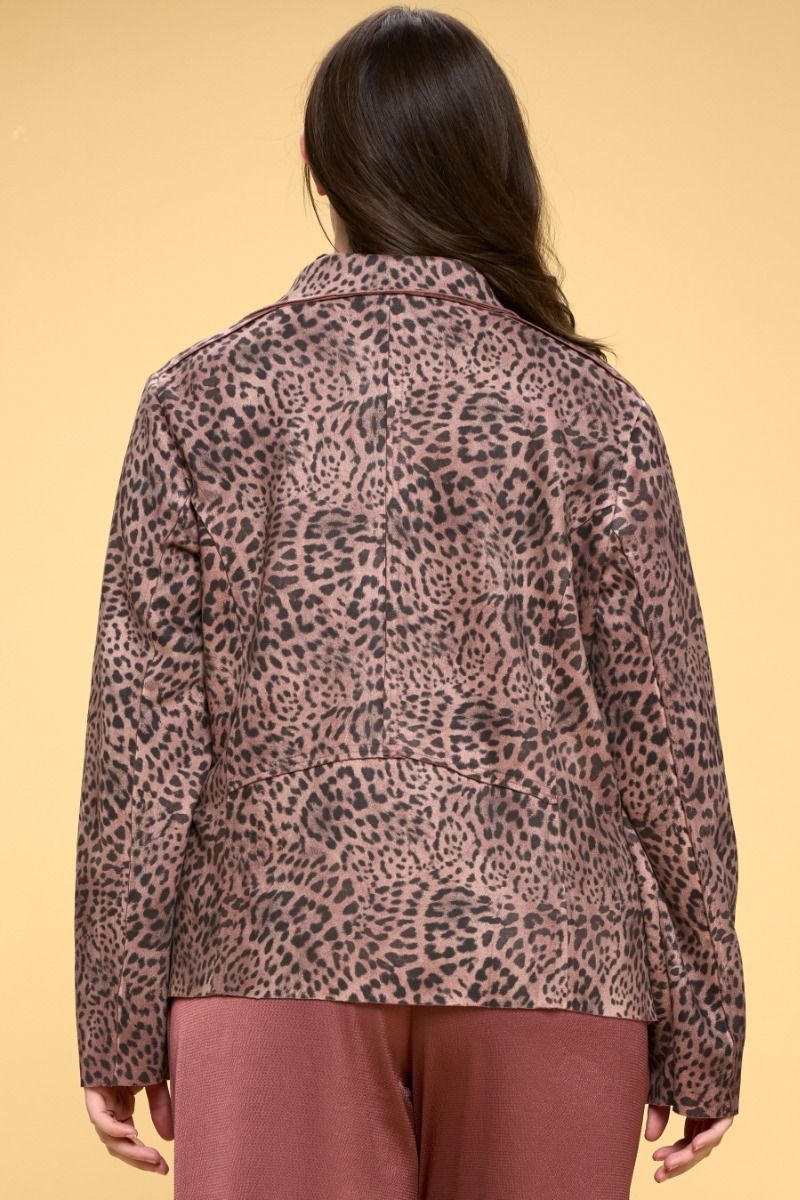 Mauve Washed Leopard Faux Suede Moto Jacket