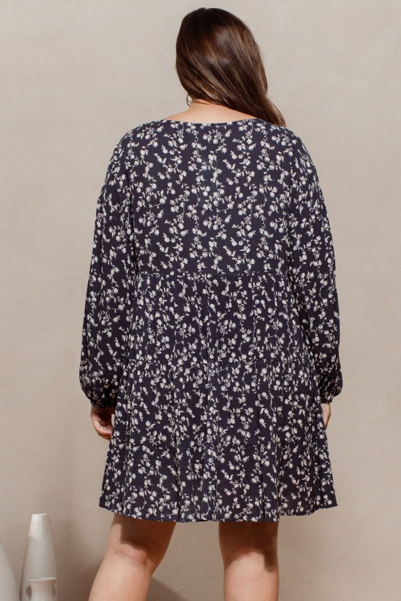 Curvy Midnight Navy Floral Baby Doll Dress W/ Ruffle Sleeves