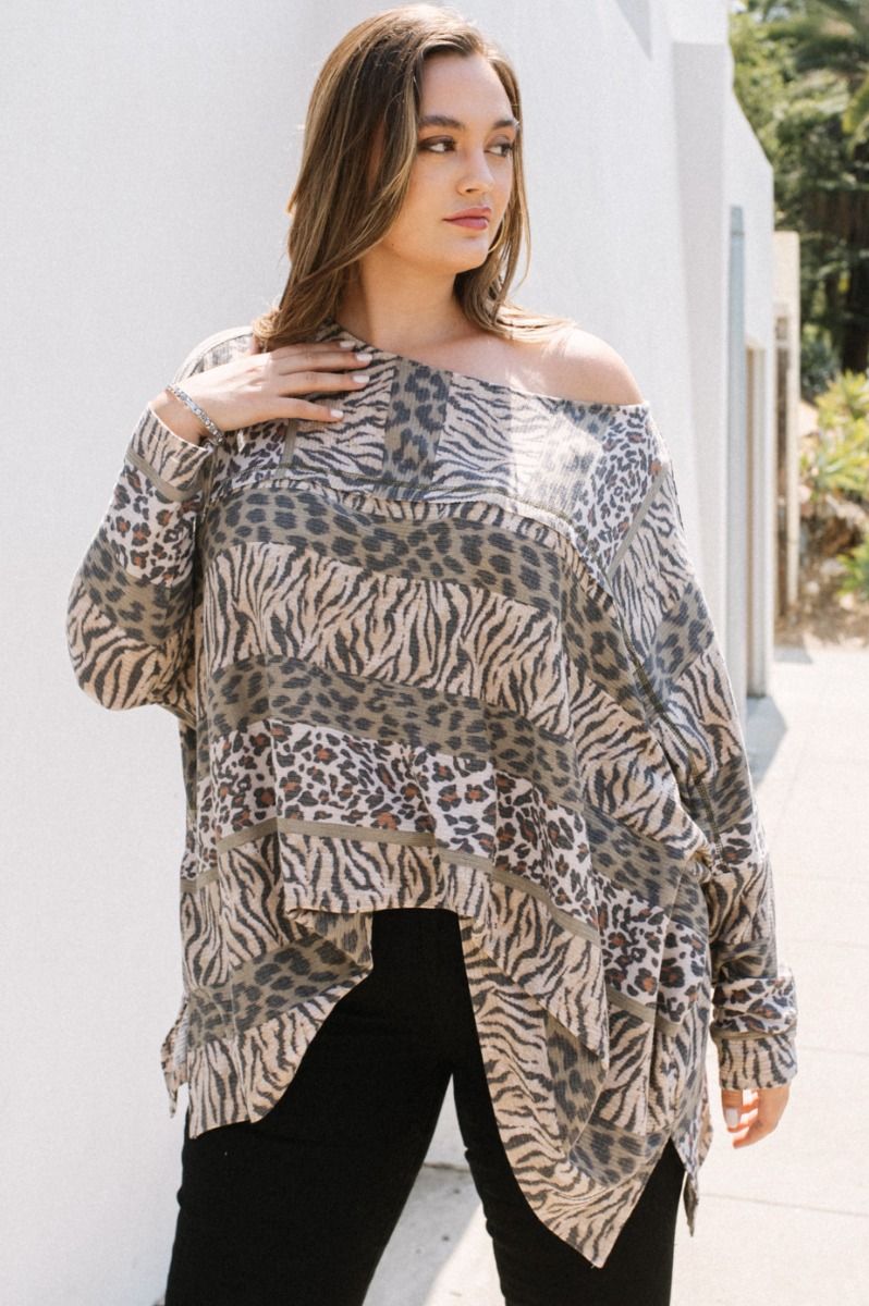 Curvy Taupe Leopard Print Boat Neck Top