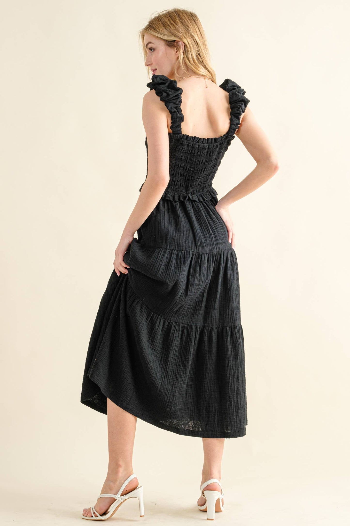 AND THE WHY- Black Ruched Shoulder Strap Cotton Midi Dress