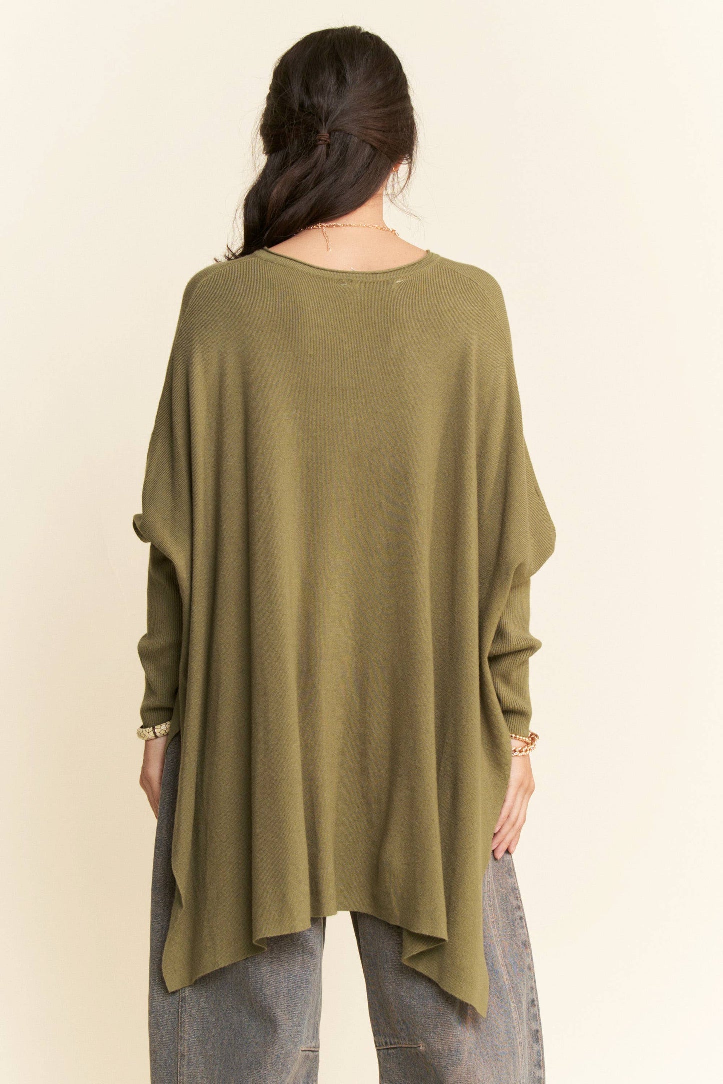 OLIVE HIGH-LOW ASYMMETRICAL SOLID LONG SLEEVE SWEATER
