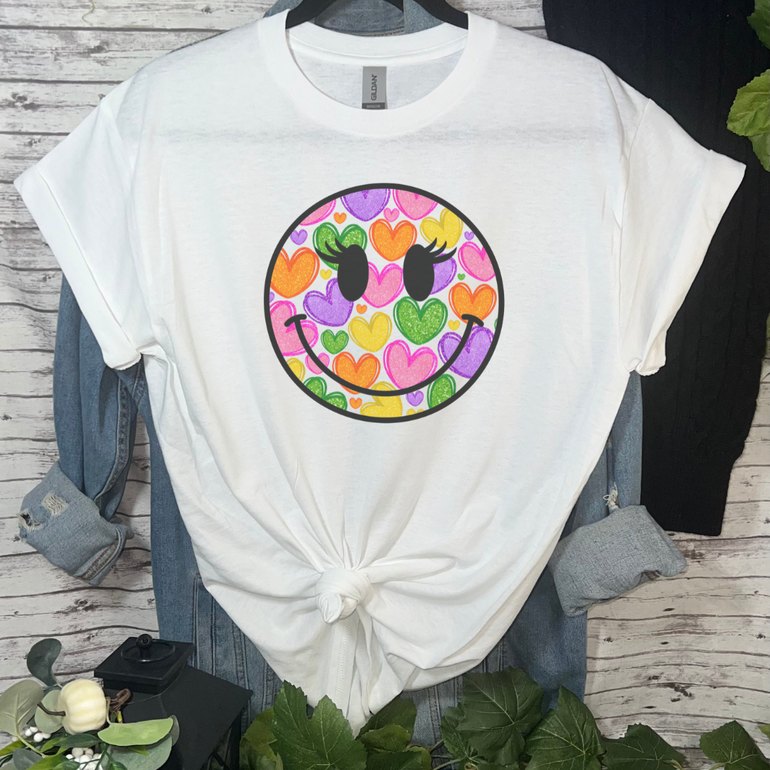 Duck Creations - Colorful Hearts Smiley Face T-Shirt