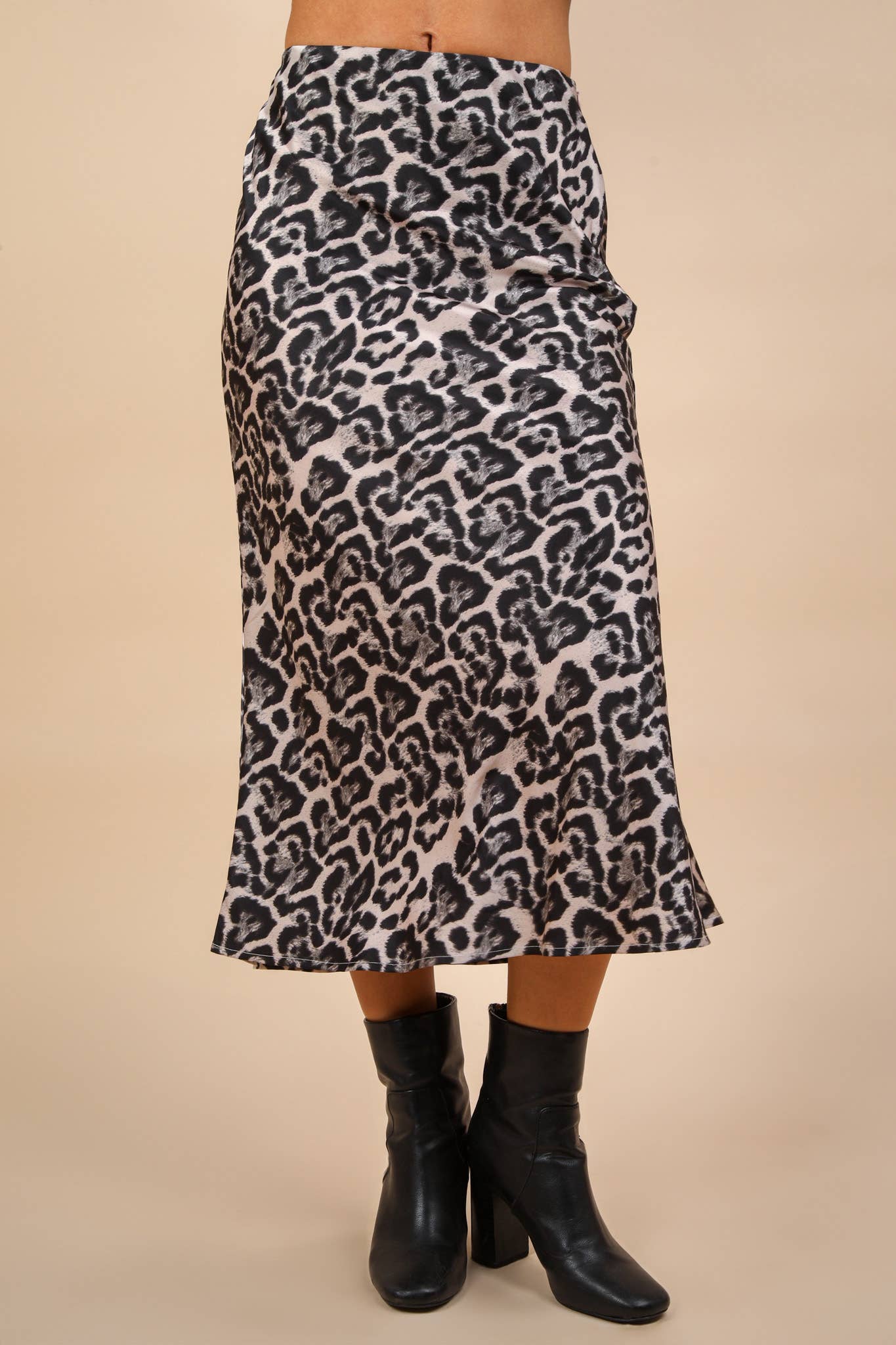 Leopard Printed Bias Cut Midi Skirt: BLACK LEOPARD