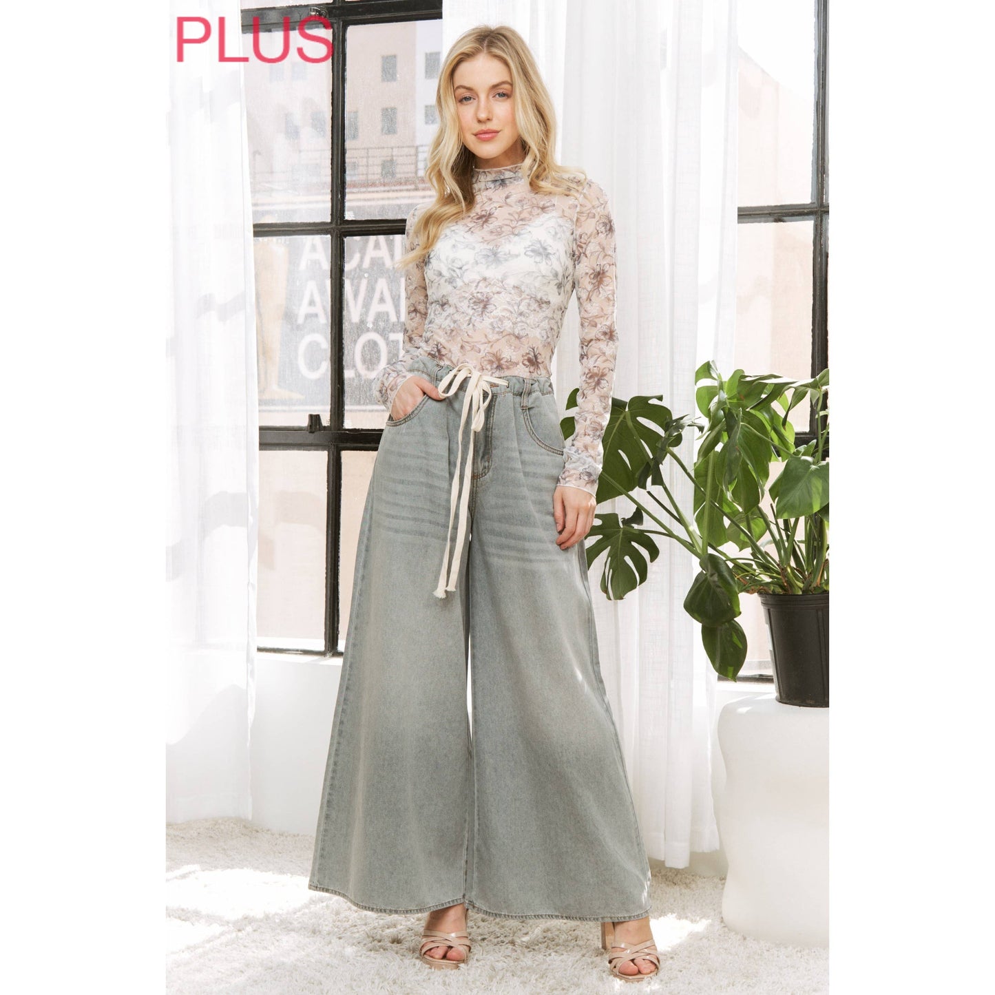Sweet Generis - DENIM WIDE LEG OPENING PANTS WITH DRAWSTRING