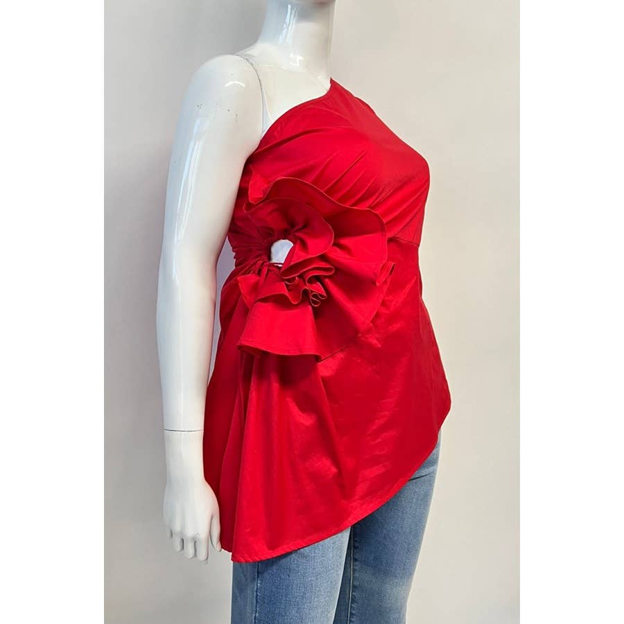 Red- Curvy Elegance One-Shoulder Hi-Lo Hem Blouse