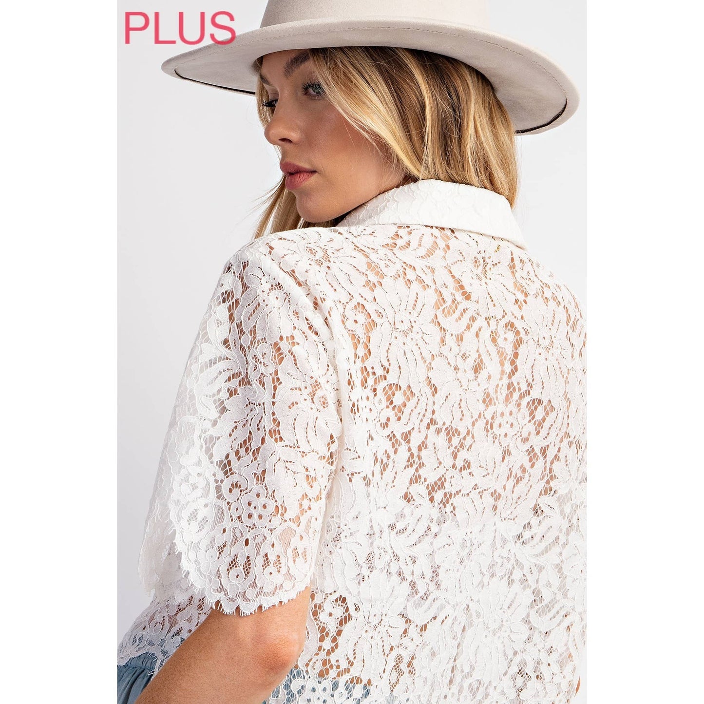 CURVY SCALLOP LACE CROP SHIRT WITH SHORT SLEEVE