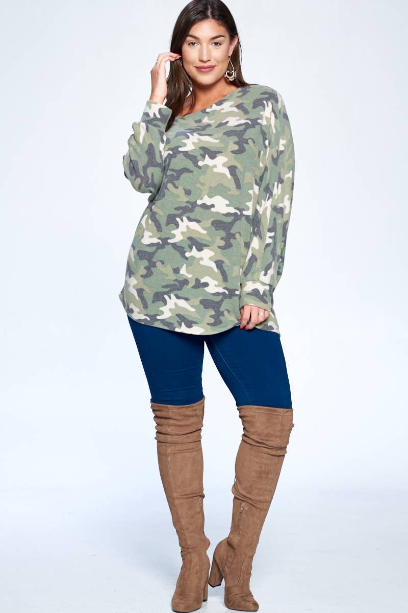 Super Soft Camo Printed Dolman Top