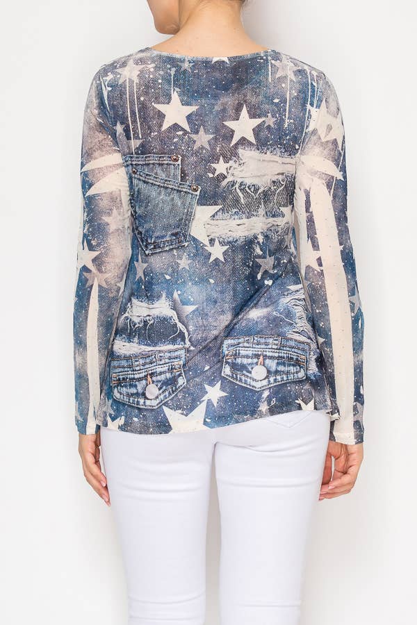 Origami DENIM STAR Sparkly Sheer Mesh Top