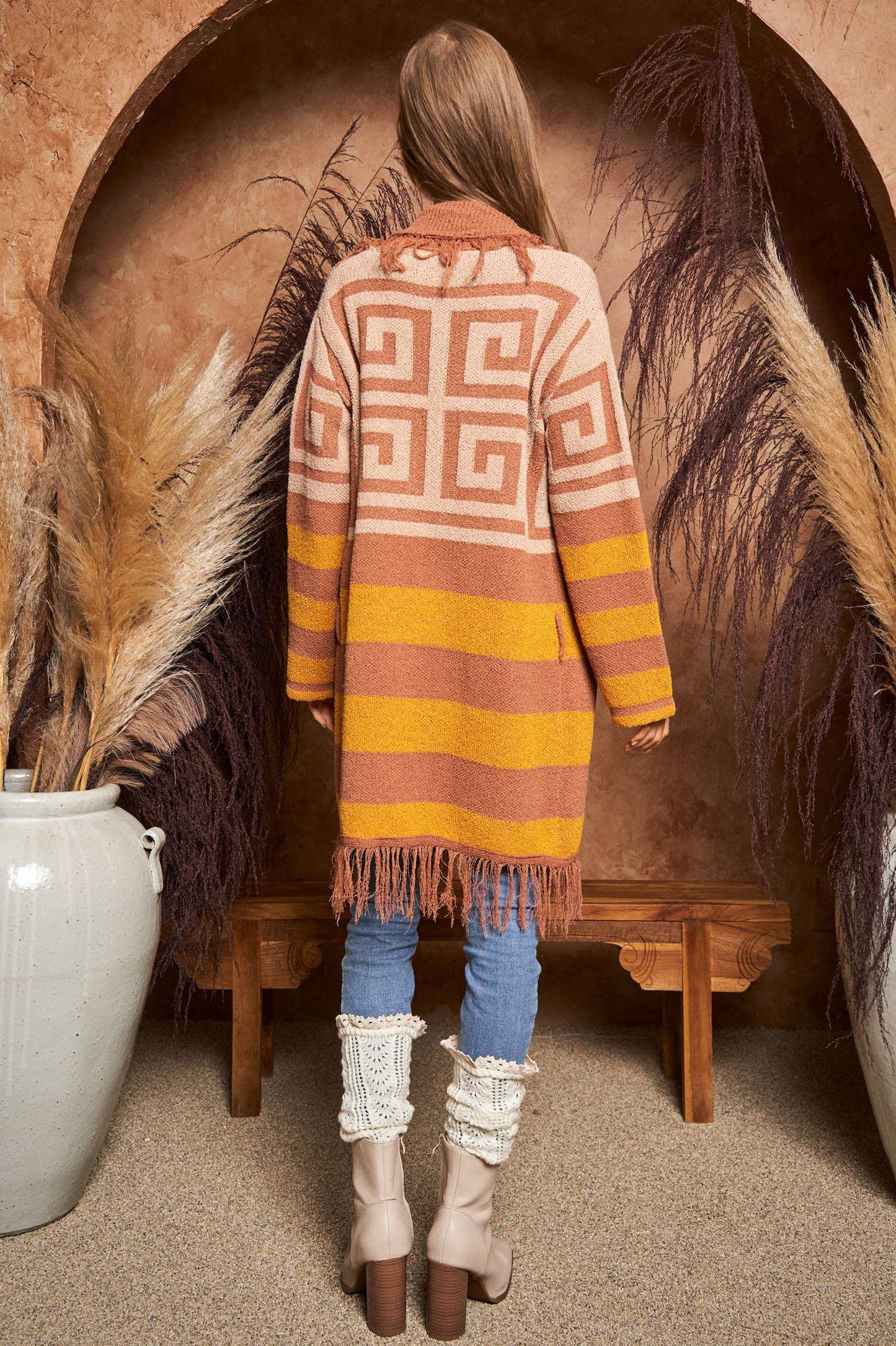 FRINGE GEOMETRIC STRIPE CARDIGAN