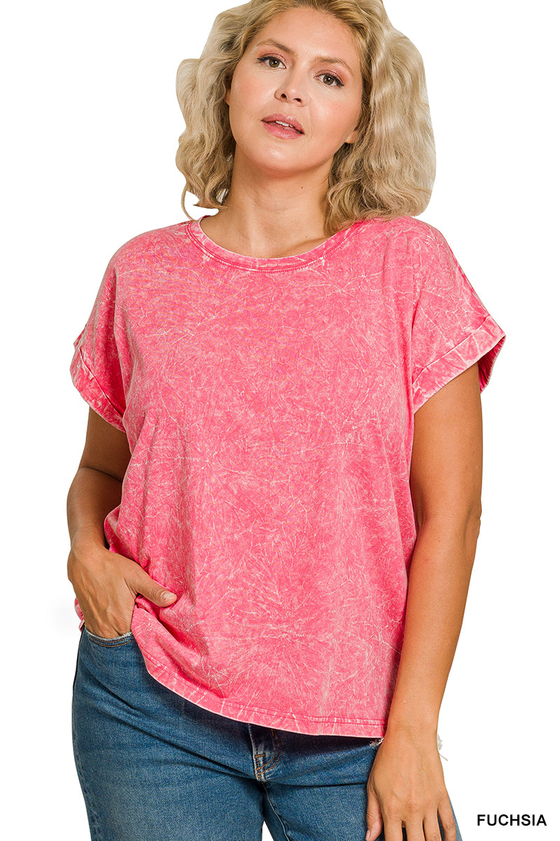 Fuchsia Crinkle Washed Round Neck Folded Short Sleeve Tee