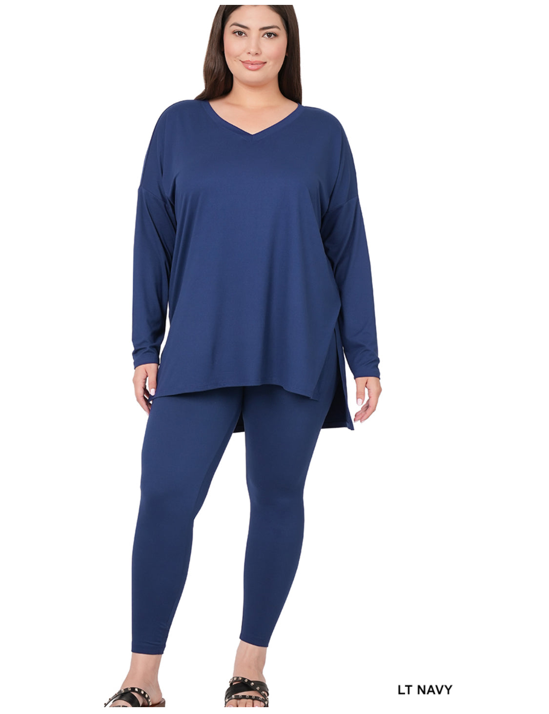 Navy V-Neck BRUSHED DTY MICROFIBER LOUNGEWEAR SET