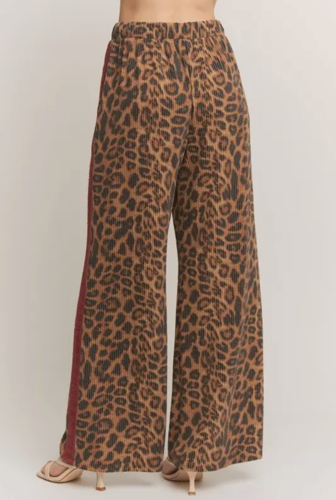 Brown Animal Print Urban Ribbed Pants W/ Red Lace Stripe