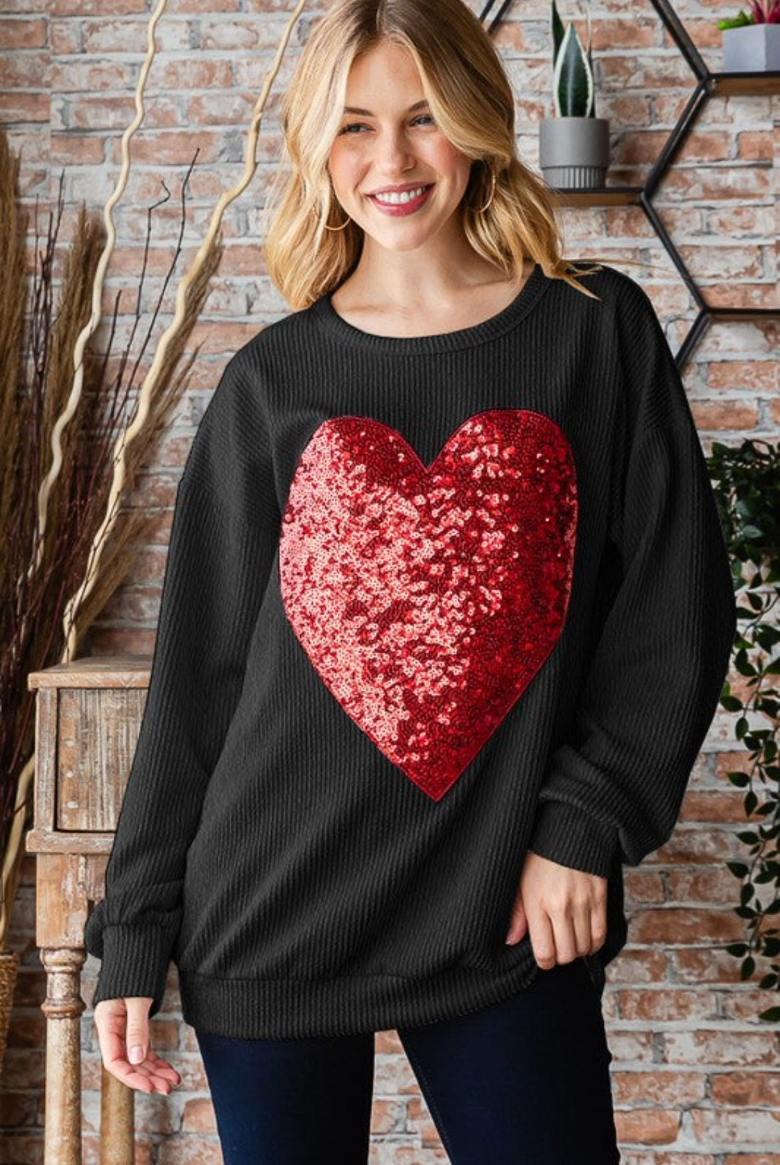 Black Sequin Heart Puff Sleeve Urban Ribbed Top