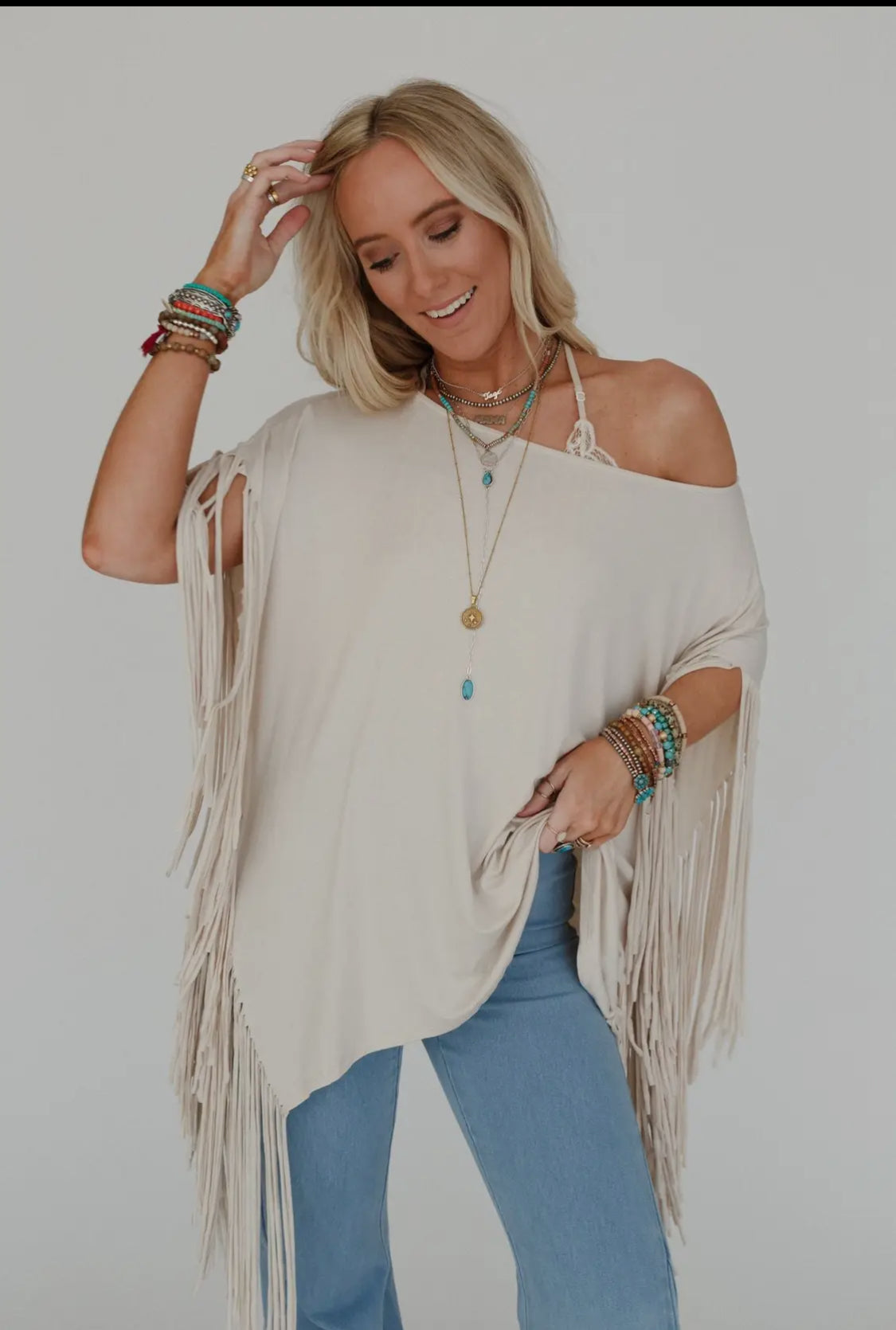 Show Stopper Fringed Top - Oat