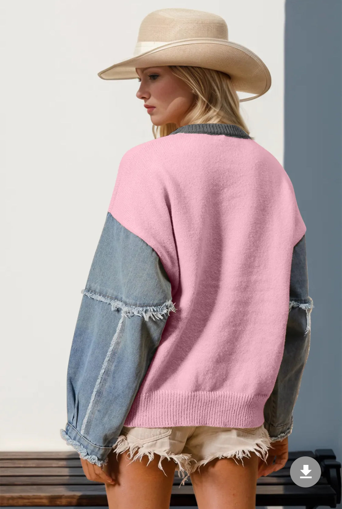 Curvy Star Pattern Raw Edge Denim Sweater-Pink 2x/3x