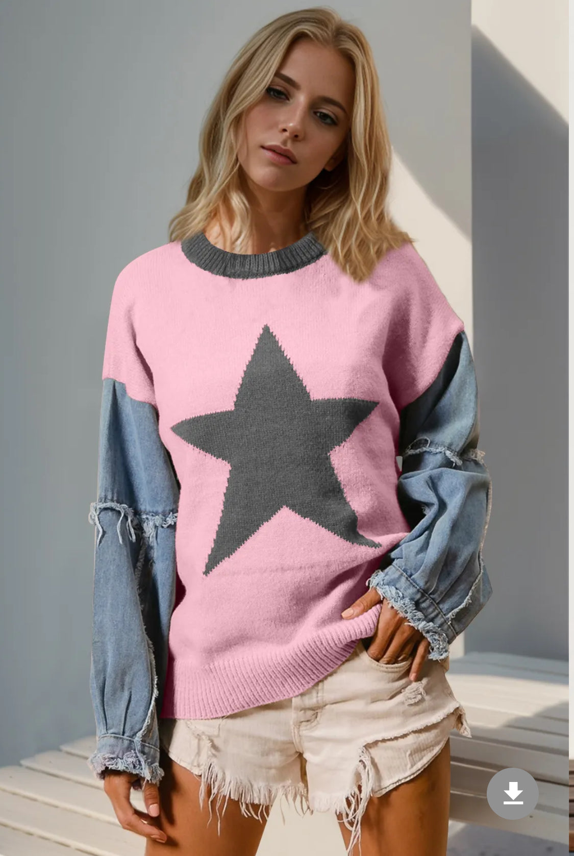 Curvy Star Pattern Raw Edge Denim Sweater-Pink 2x/3x