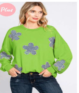 Green Washed Flower Patch Sweatshirt
