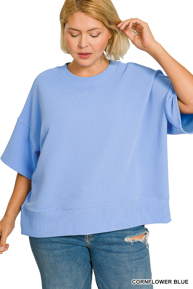 Cornflower Blue Ribbed Round Neck Tee & Pants Set