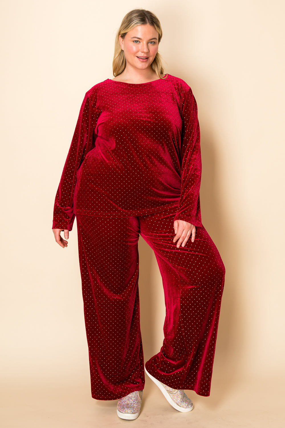 WINE SPARKLING RHINESTONE VELVET PANTS